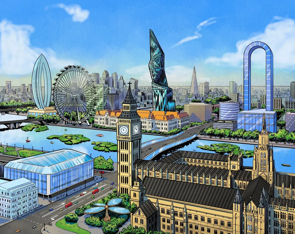 Illustration of a futuristic London skyline in 2086 with the Thames, Big Ben and a giant ferris wheel